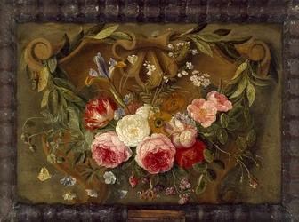 Composizione decorativa di natura morta con una ghirlanda di fiori